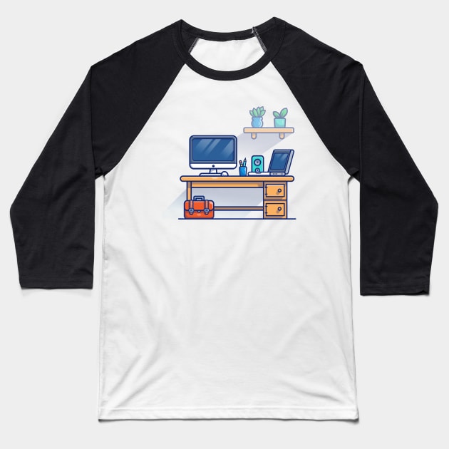 Desk, Monitor, Mouse, Stationary, Laptop, Speaker, Workbag And Plants Cartoon Baseball T-Shirt by Catalyst Labs